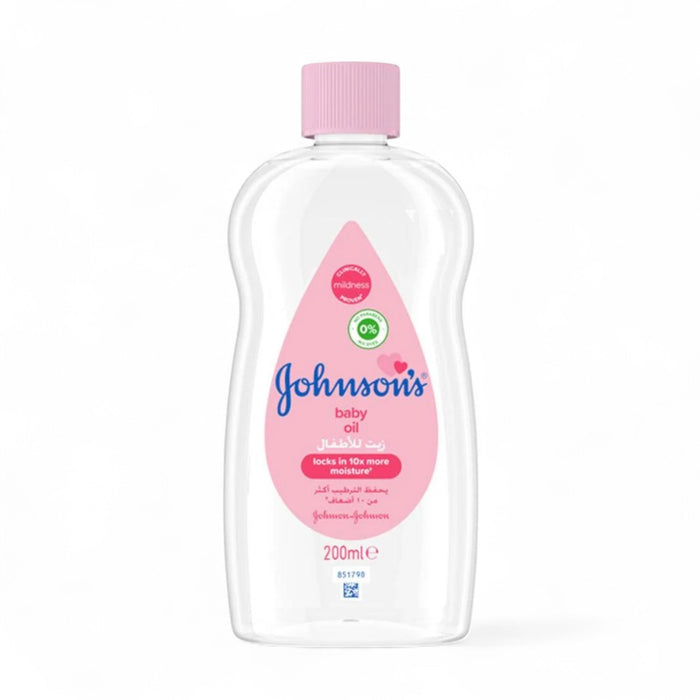 Johnson's Baby Oil 200ml – gentle moisturizing oil in clear bottle with pink cap, ideal for baby massage and dry skin care