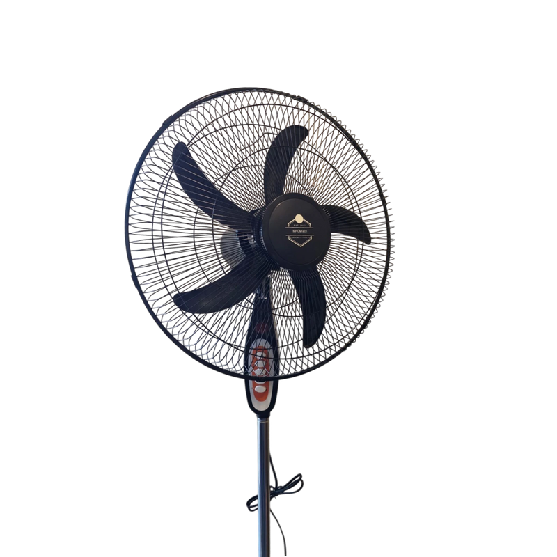 Sleek matte black 18-inch electric standing fan featuring 5 aerodynamic blades and a protective mesh safety wire grill on Spotngrab Lebanon.