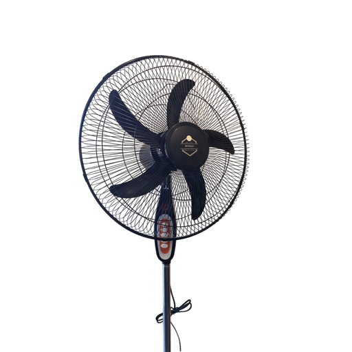 Sleek matte black 18-inch electric standing fan featuring 5 aerodynamic blades and a protective mesh safety wire grill on Spotngrab Lebanon.