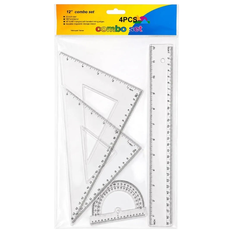 4-piece plastic math geometry ruler set containing a 30cm ruler, two triangle set squares, and a protractor on Spotngrab Lebanon.
