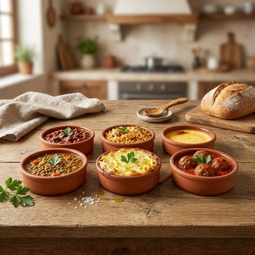 A set of six small 11x3.5cm round shallow clay cooking pots showing a glossy glazed interior and matte terracotta red clay exterior on Spotngrab Lebanon.