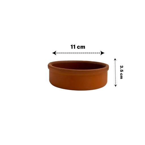 size 11x3.5cm round shallow clay cooking pots showing a glossy glazed interior and matte terracotta red clay exterior on Spotngrab Lebanon.