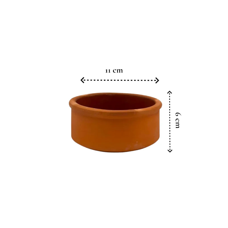 size small 11x5cm round clay cooking pots showing a glossy glazed interior and matte terracotta red clay exterior on Spotngrab Lebanon.