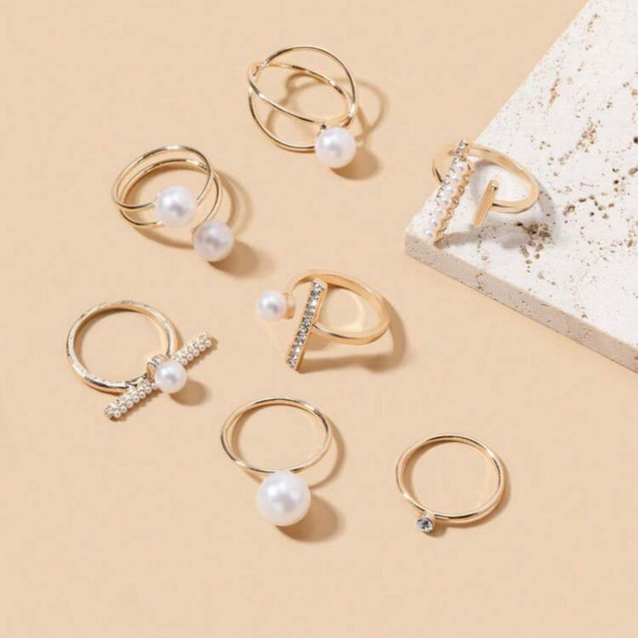 7 pcs faux pearl ring set with rhinestones – SpotNGrab Lebanon