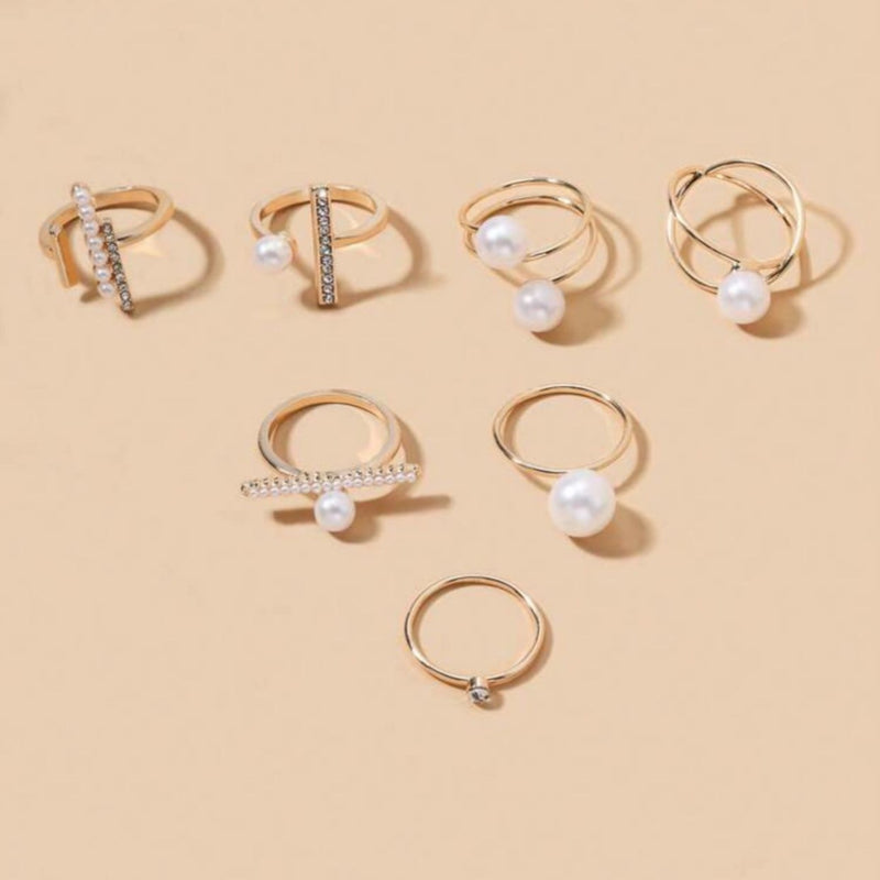 7 pcs faux pearl ring set with rhinestones – SpotNGrab Lebanon