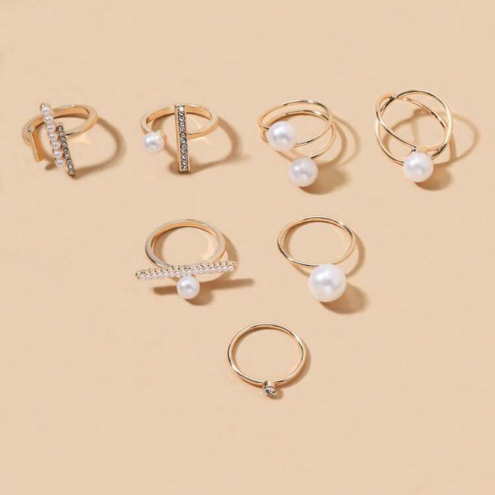 7 pcs faux pearl ring set with rhinestones – SpotNGrab Lebanon