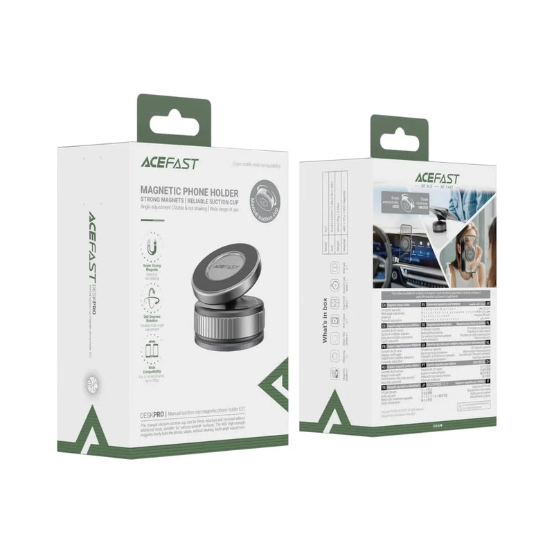AceFast E27 magnetic suction phone holder in metallic gray displaying its twist-to-lock suction base and magnetic mounting plate on Spotngrab Lebanon.