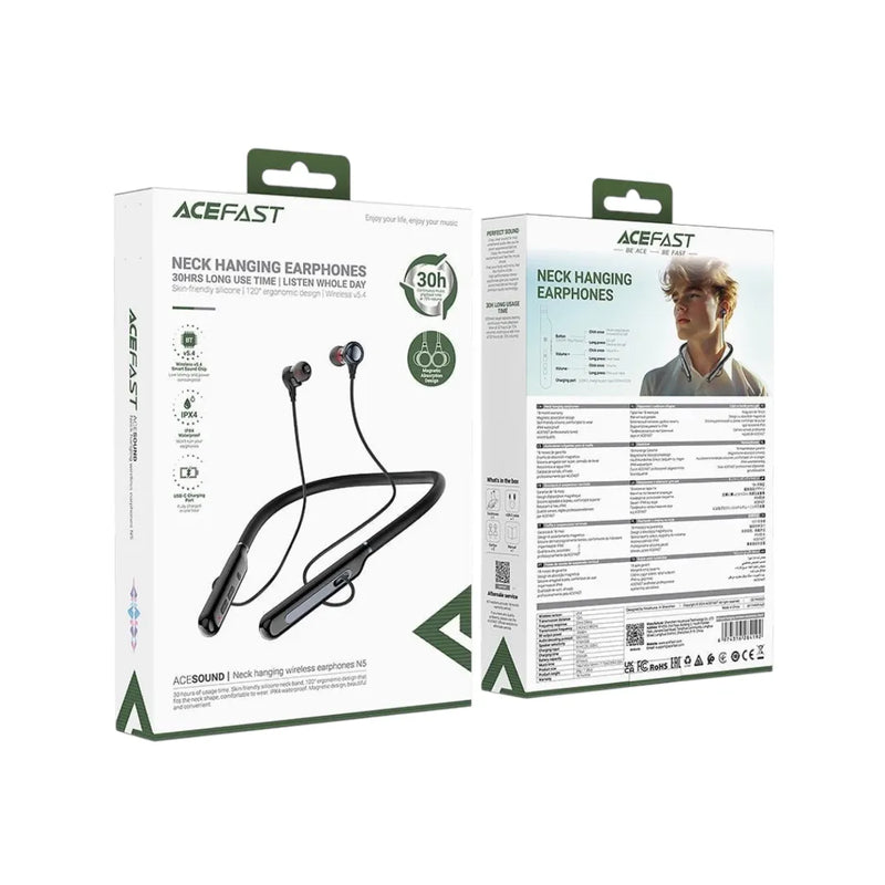 AceFast N5 neckband wireless Bluetooth earphones displaying its flexible neckband and magnetic earbud heads on Spotngrab Lebanon.