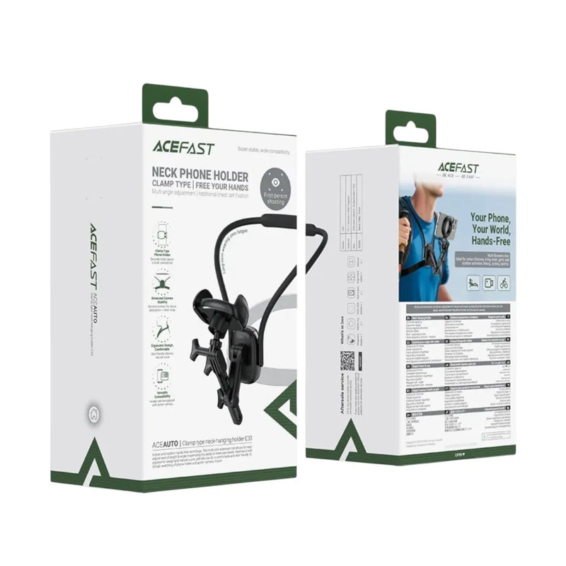 AceFast E33 neck hanging phone holder displaying its ergonomic silicone neckband and multi-joint clamp on Spotngrab Lebanon.