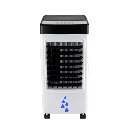 Sleek white and black 65W portable tower air cooler showing its front air vents and digital control panel on Spotngrab Lebanon.