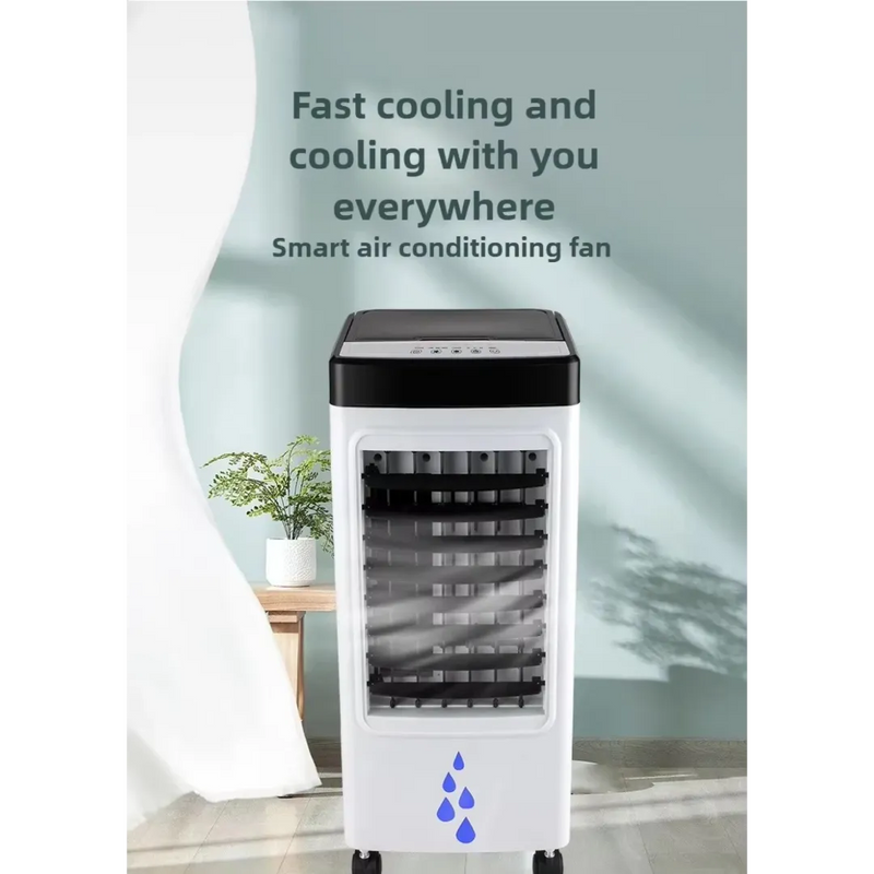 Sleek white and black 65W portable tower air cooler showing its front air vents and digital control panel on Spotngrab Lebanon.