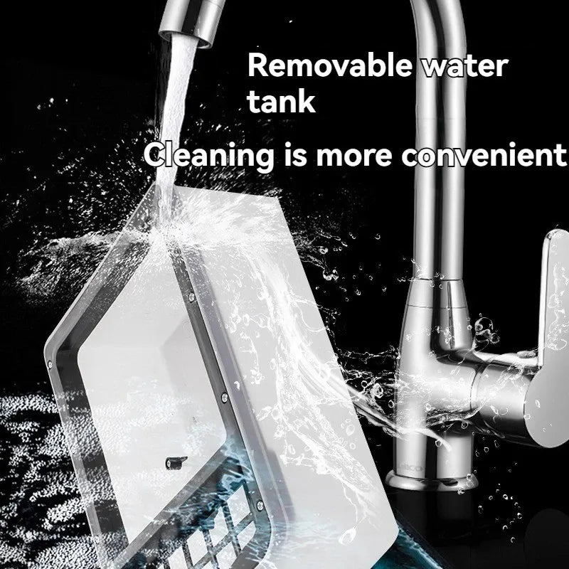 sliding out the 6L removable water tank from the back of the JT-919 air cooler to show easy cleaning and ice pack placement.