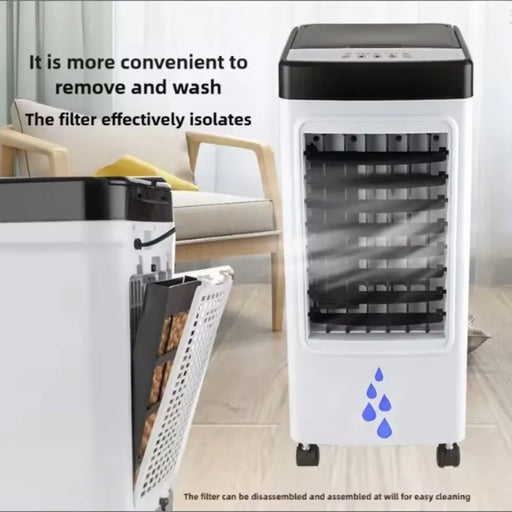 Sleek white and black 65W portable tower air cooler showing its front air vents and digital control panel on Spotngrab Lebanon.