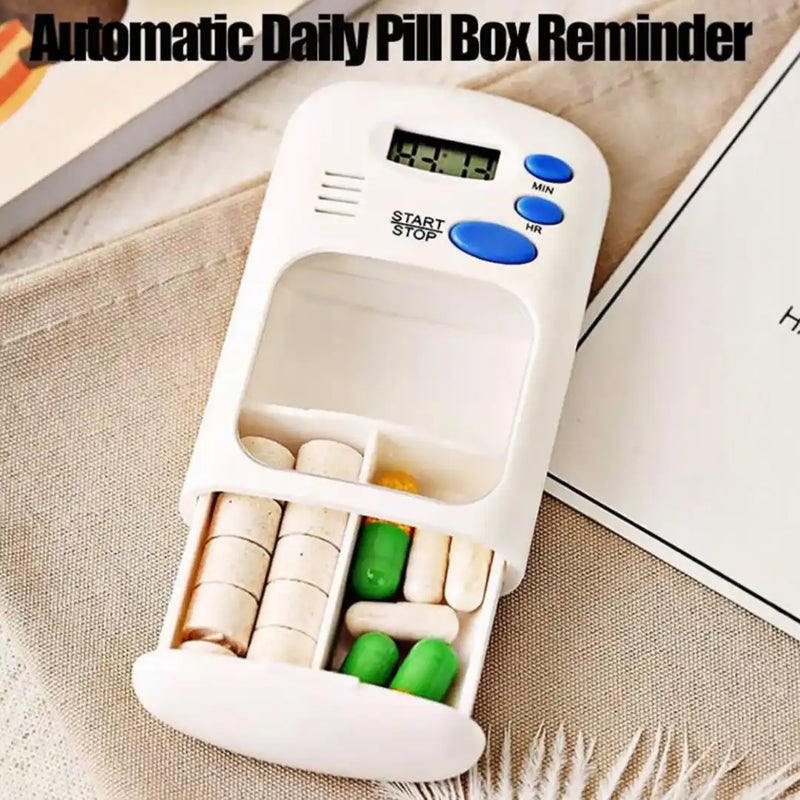 Automatic daily pill box reminder with digital timer, alarm buttons, and pull-out drawer on Spotngrab Lebanon.
