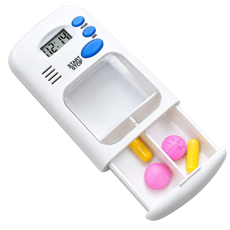 Automatic daily pill box reminder with digital timer, alarm buttons, and pull-out drawer on Spotngrab Lebanon.