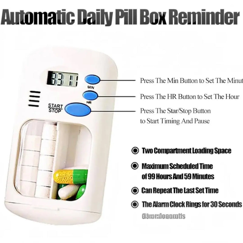 Automatic daily pill box reminder with digital timer, alarm buttons, and pull-out drawer on Spotngrab Lebanon.