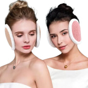 Models wearing behind-the-head plush winter earmuffs