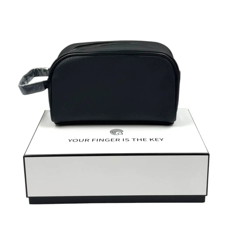 Black PU travel pouch with a biometric fingerprint lock resting on a white presentation box on Spotngrab Lebanon.