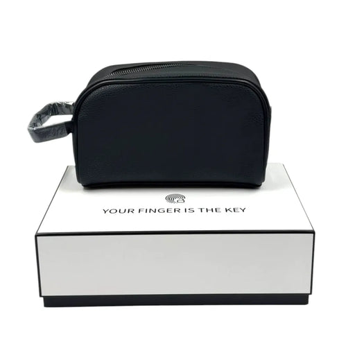 Black PU travel pouch with a biometric fingerprint lock resting on a white presentation box on Spotngrab Lebanon.