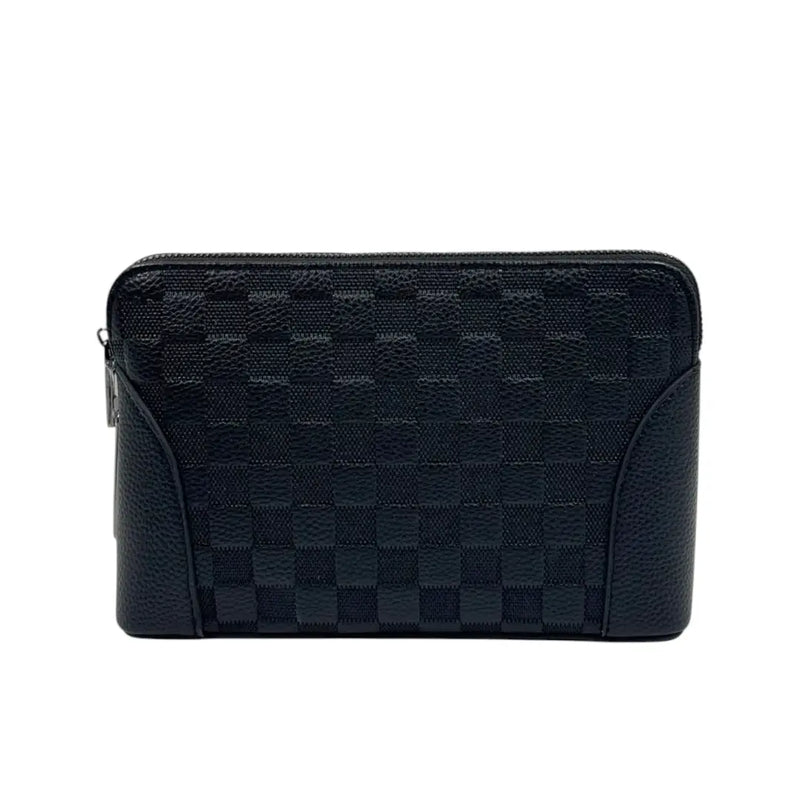 Close-up of the textured black checkered leather pattern and heavy-duty zipper puller on Spotngrab Lebanon.