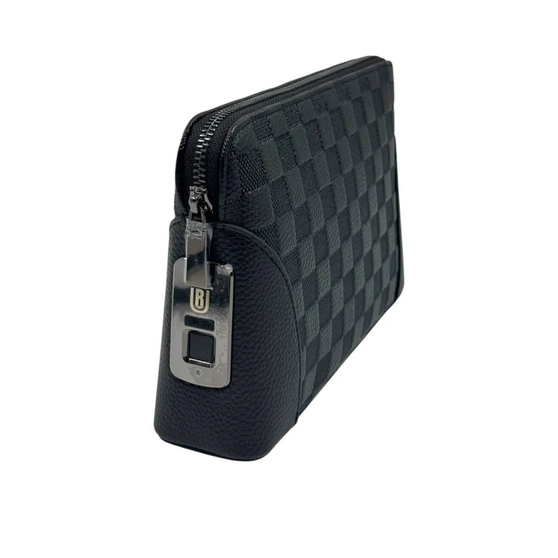 Close-up of the textured black checkered leather pattern and heavy-duty zipper puller on Spotngrab Lebanon.