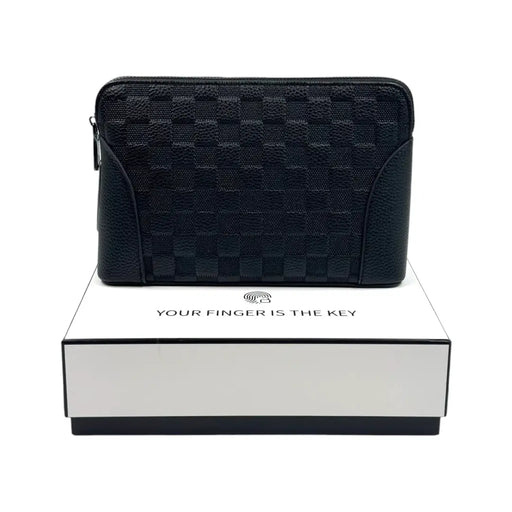 Black checkered smart clutch bag with a biometric fingerprint lock sitting on top of a white box on Spotngrab Lebanon.