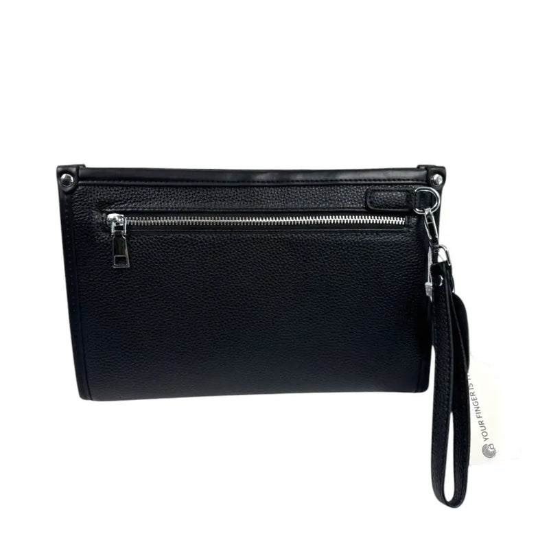 Black leather men's business clutch bag with a biometric fingerprint lock on Spotngrab Lebanon.