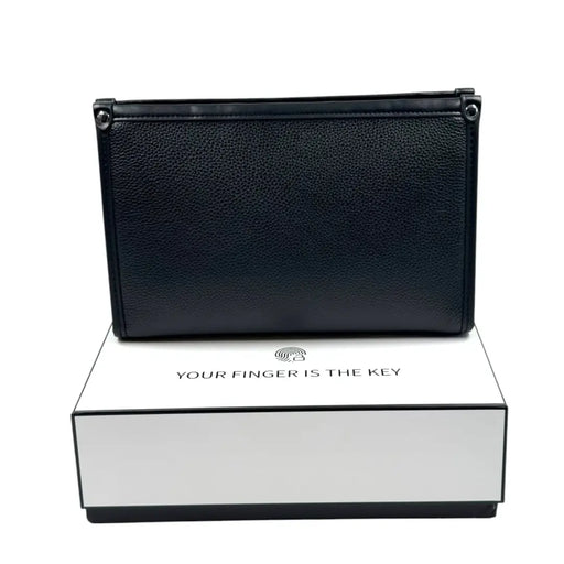 Black leather men's business clutch bag with a biometric fingerprint lock resting on a white box on Spotngrab Lebanon.