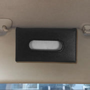 Black PU leather car tissue box holder attached to a vehicle sun visor on Spotngrab Lebanon.