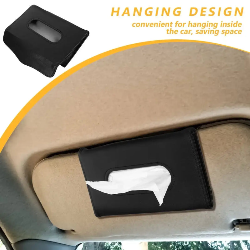 Black PU leather car tissue box holder attached to a vehicle sun visor on Spotngrab Lebanon.