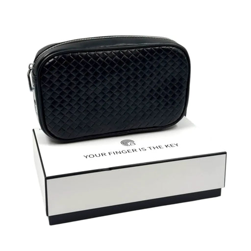 Black woven-leather smart clutch bag with a biometric fingerprint lock sitting on top of a white box on Spotngrab Lebanon.