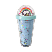 Blue rainbow glitter tumbler with 3D dome lid front view