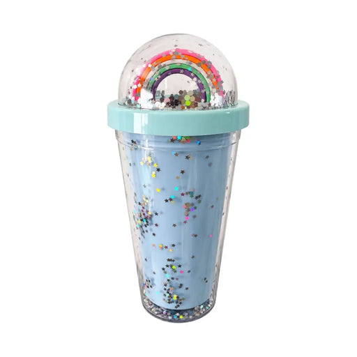 Blue rainbow glitter tumbler with 3D dome lid front view