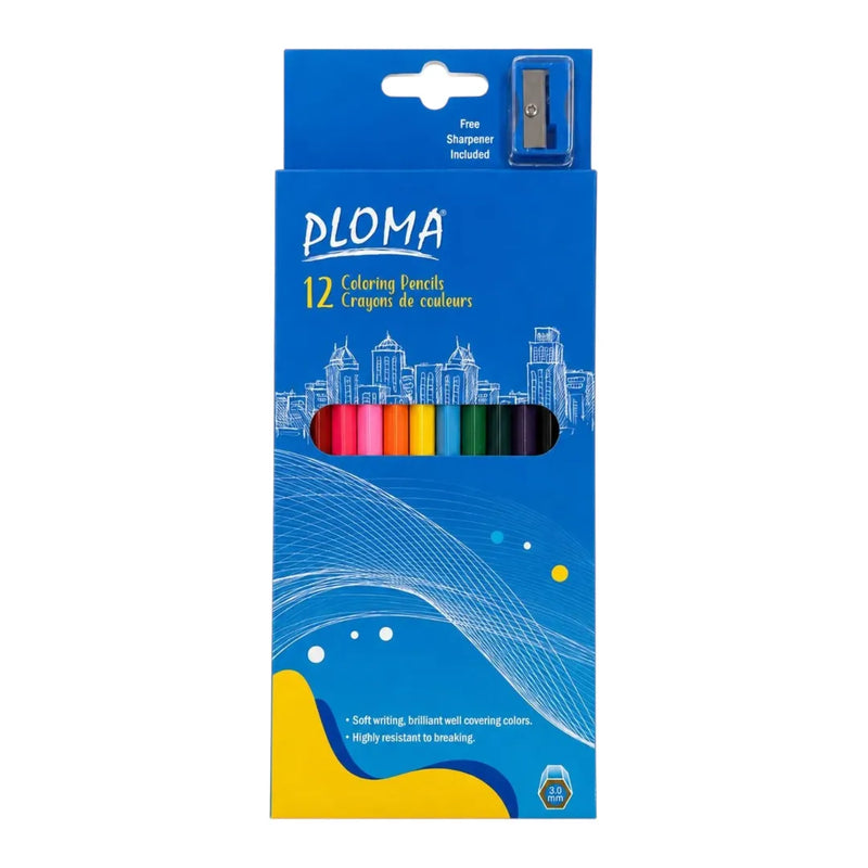 Box of Ploma 12 coloring pencils displayed next to their branded packaging box and included sharpener on Spotngrab Lebanon.