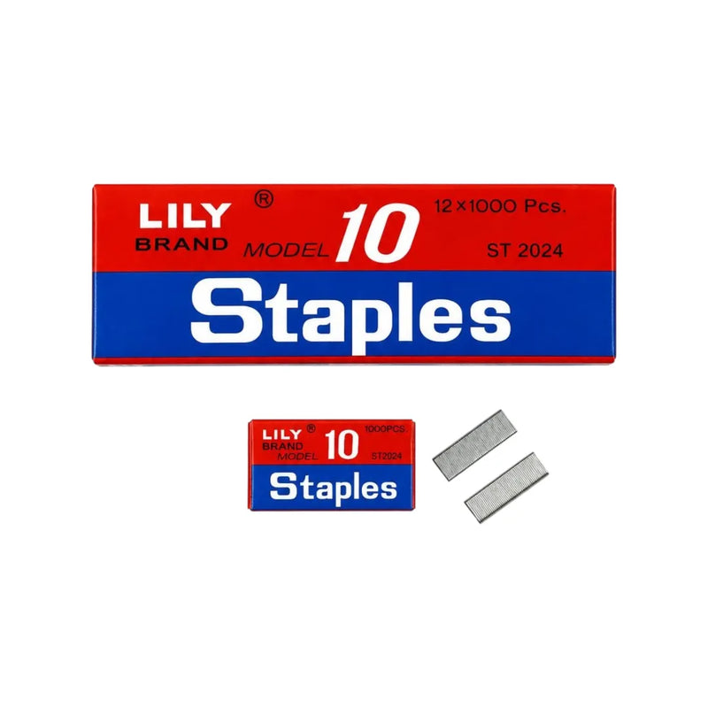 Bulk outer box of Lily Brand No. 10 staples with 12 individual 1,000-piece boxes displayed on Spotngrab Lebanon.