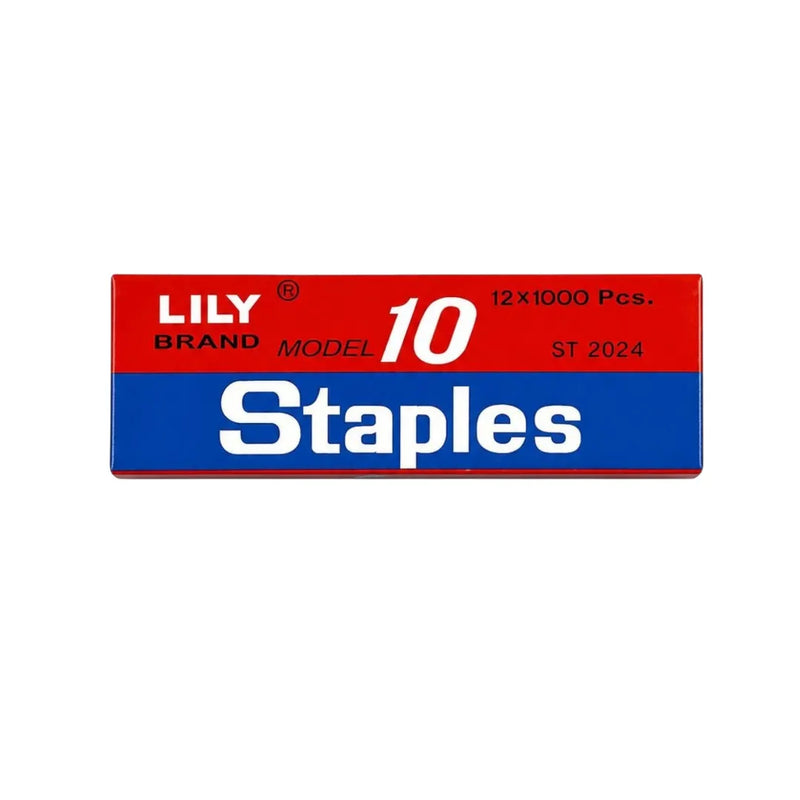 Bulk outer box of Lily Brand No. 10 staples with 12 individual 1,000-piece boxes displayed on Spotngrab Lebanon.