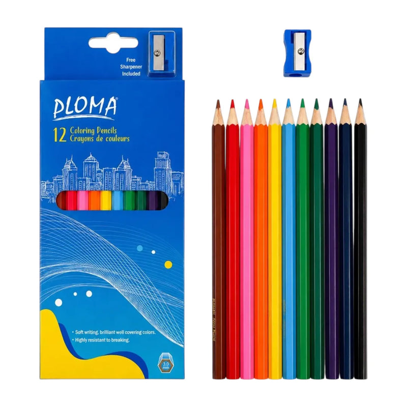 Box of Ploma 12 coloring pencils displayed next to their branded packaging box and included sharpener on Spotngrab Lebanon.