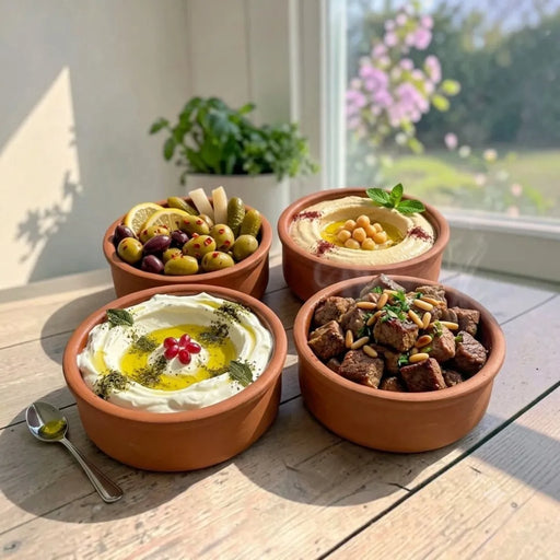 A set of 4 small 11x5cm round clay cooking pots showing a glossy glazed interior and matte terracotta red clay exterior on Spotngrab Lebanon.