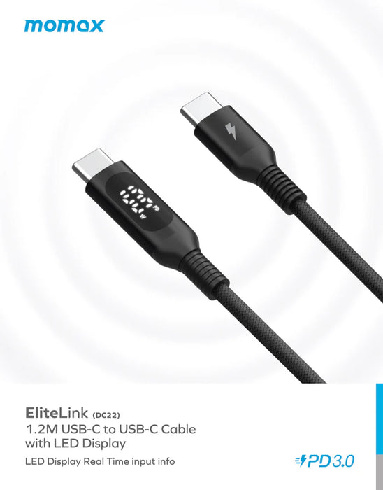 Momax Elitelink - USB-C to C PD100W USB-C To USB-C with LED display (1.2m)