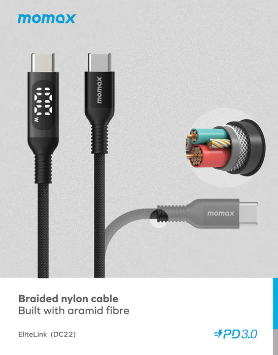 Momax Elitelink - USB-C to C PD100W USB-C To USB-C with LED display (1.2m)