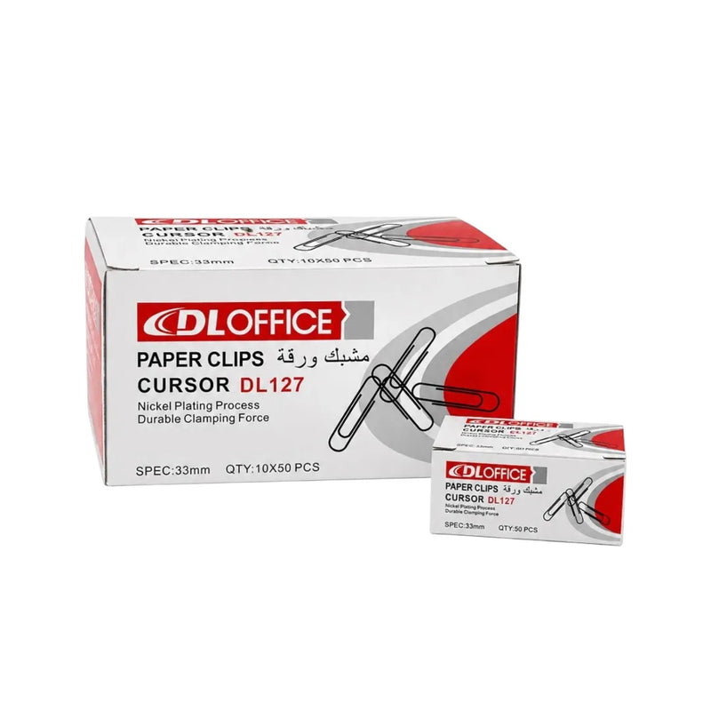  Retail box of DL Office Paper Clips Cursor DL127 with shiny 33 mm nickel-plated clips displayed on Spotngrab Lebanon.