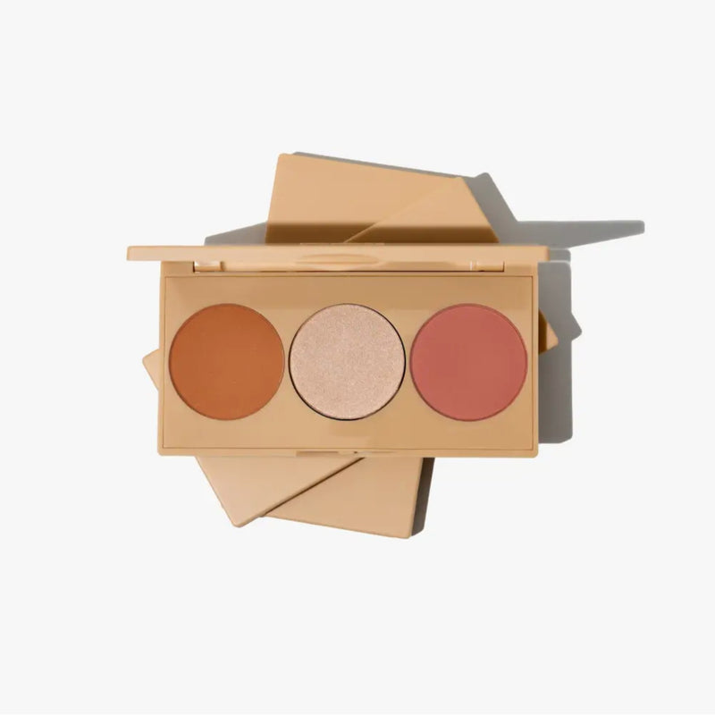 Dali Trio Face Palette with bronzer, blush, and highlighter in one compact for a radiant, sculpted glow
