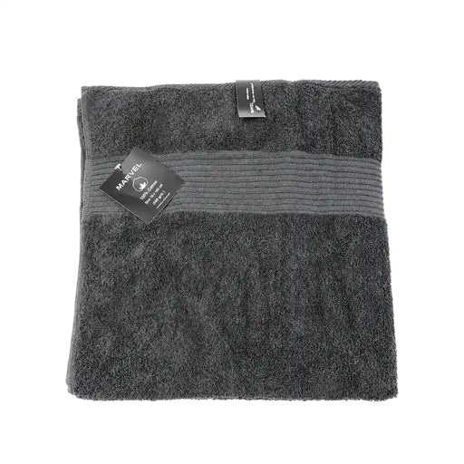 Marvel 100% cotton bath towels folded in dark grey, light grey, and pink on Spotngrab Lebanon.