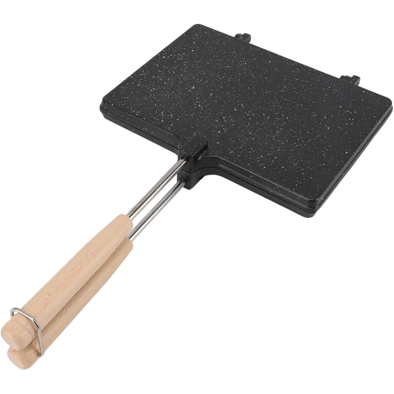 Black speckled griddle with wooden handle on a white background
