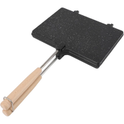 Black speckled griddle with wooden handle on a white background