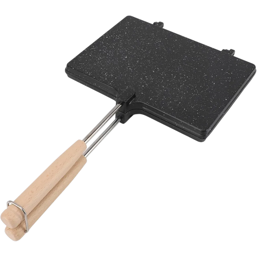 Black speckled griddle with wooden handle on a white background