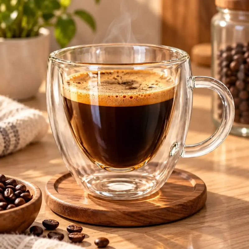 Small double-wall glass mug handle and glass detail