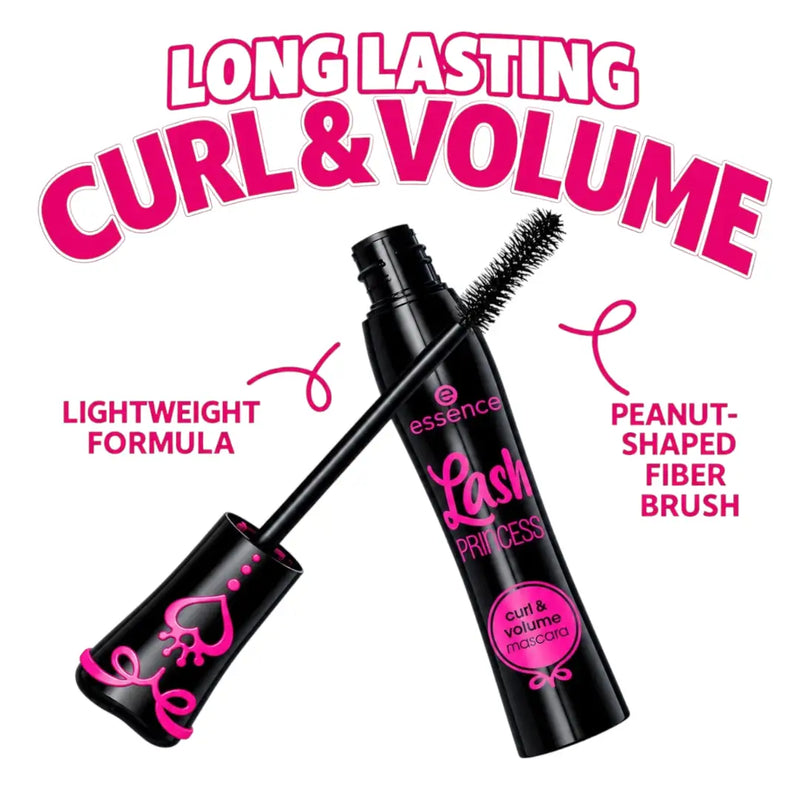 Essence Lash Princess Curl and Volume mascara bottle in sleek black with pink script lettering and heart crown design on Spotngrab Lebanon.
