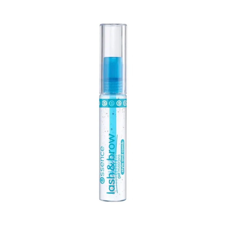 Essence Lash & Brow Gel Mascara transparent tube with blue cap and spoolie comb wand on Spotngrab Lebanon.