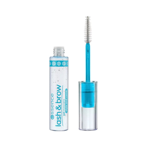 Essence Lash & Brow Gel Mascara transparent tube with blue cap and spoolie comb wand on Spotngrab Lebanon.